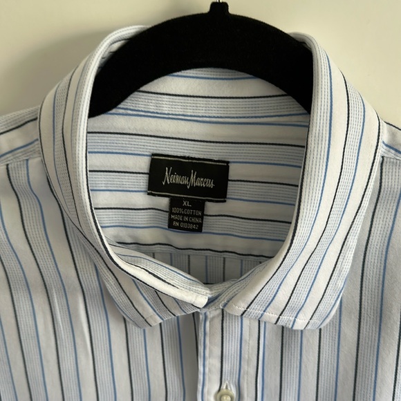 Neiman Marcus Blue and White Stripes Cotton Long Sleeve Button Down Shirt - Picture 2 of 8